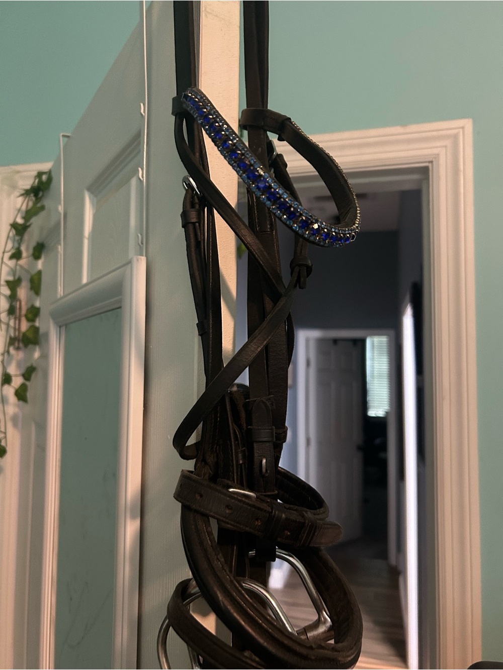 Black Leather VR Bridle with Blue Crystal Accent (Comes with everything shown)